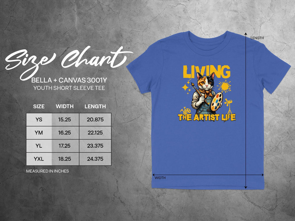 Living the Artist Life Cat Shirt, Youth Short Sleeve Tee, Artistic Cat Design, Funny Graphic Tee, Kids Art Lover Shirt, Colorful Cat Tee