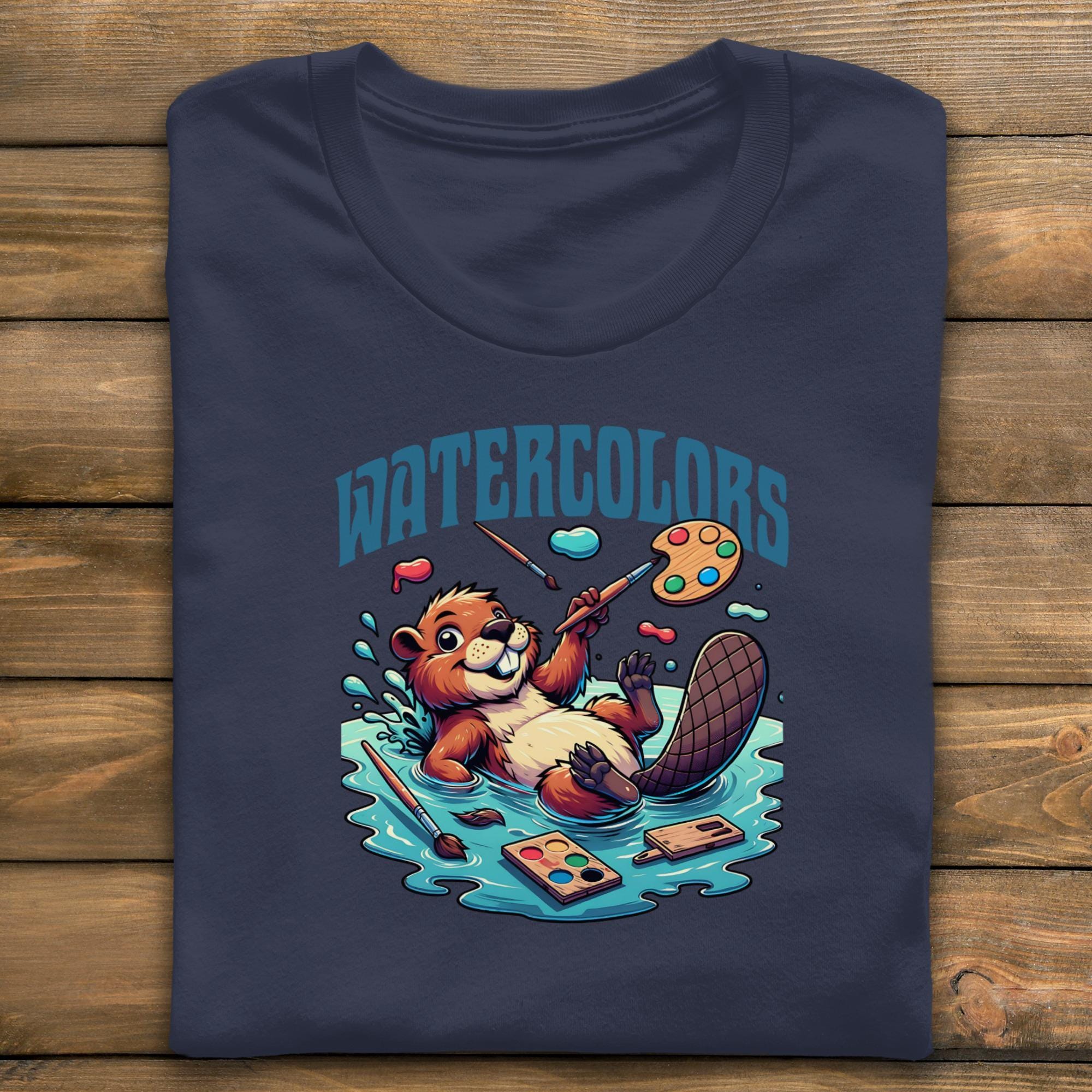 Cute Watercolor Painting Otter Tee, Artistic Animal Graphic T-Shirt, Whimsical Beaver Holding Paintbrush Tee, Artist Gift Shirt