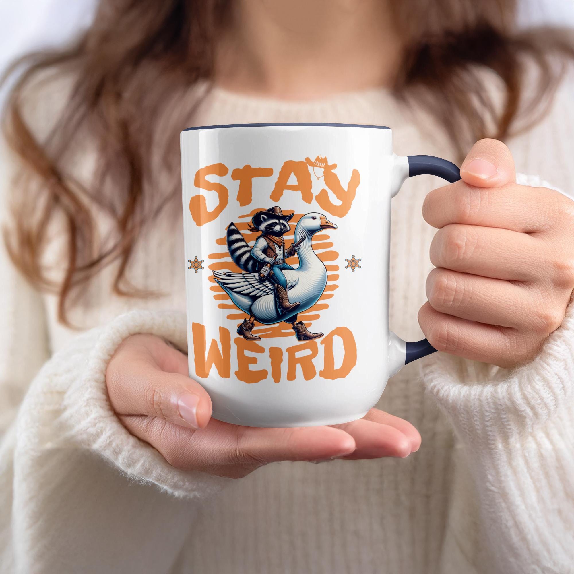 Stay Weird Mug, Raccoon Riding Goose Coffee Cup, Funny Animal Lover Gift, Unique Novelty Mug, Cute Humor Design, Quirky Drinkware