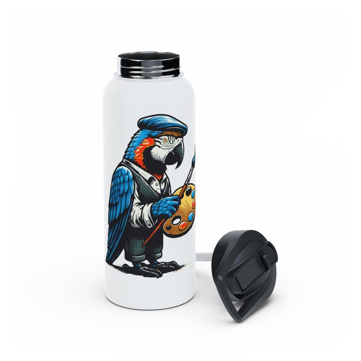 Insulated water bottle with parrot artist design, artist parrot tumbler, creative bird illustration drinkware, unique gift idea