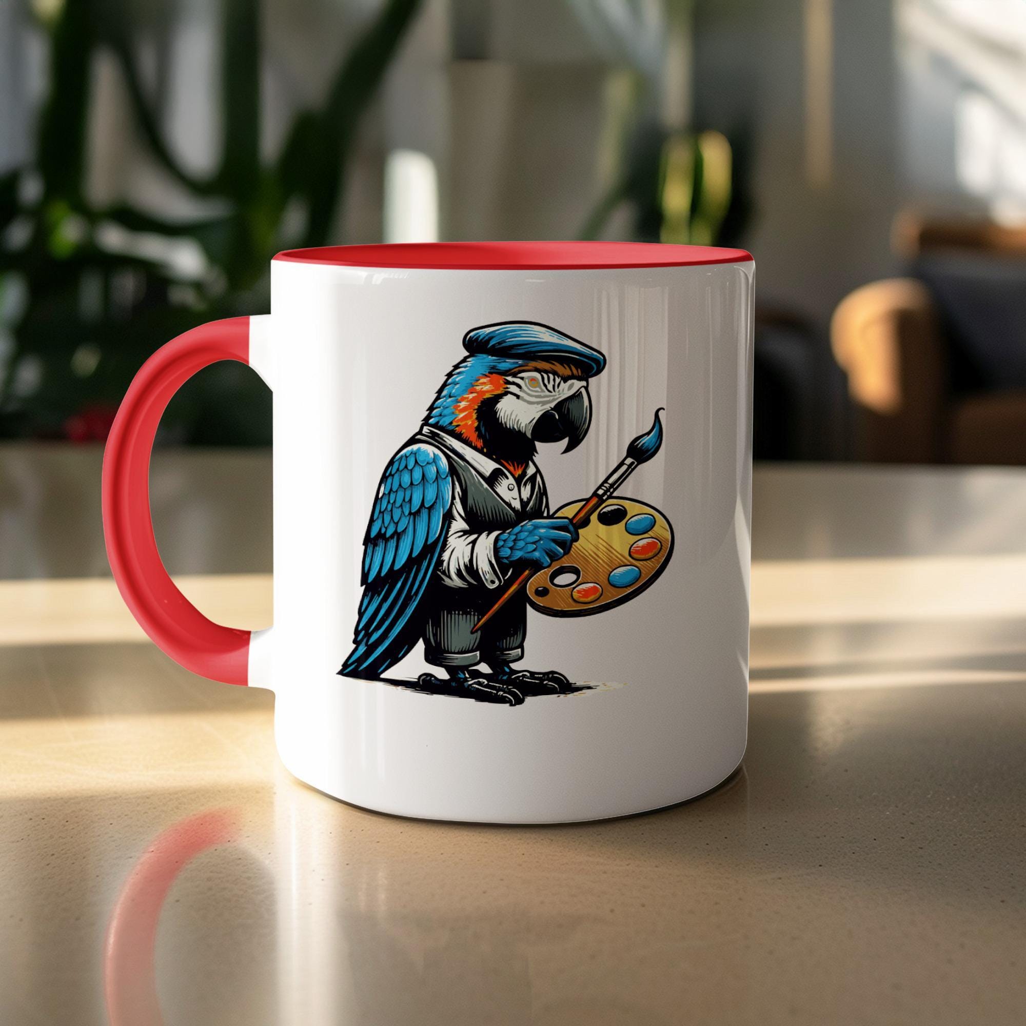 Parrot Artist Mug, Funny Parrot Mug, Unique Coffee Mug, Cute Animal Art Coffee Cup, Colorful Bird Mug Gift, Art Lover Gift, Bird Watcher