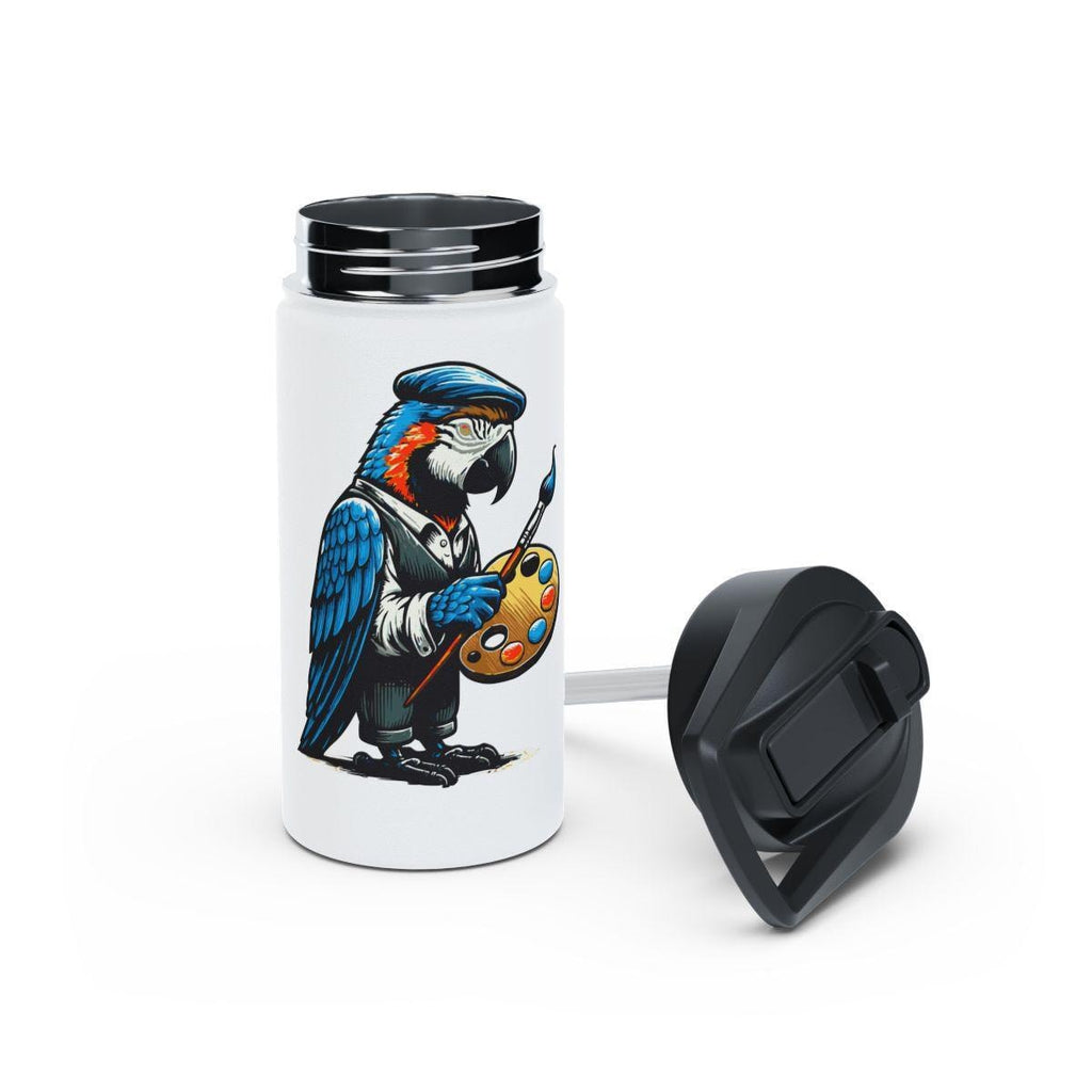 Parrot Artist Water Bottle, Painter Parrot Design Thermos, Unique Bird Art Drinkware, Fun and Quirky Gift, Insulated Travel Mug