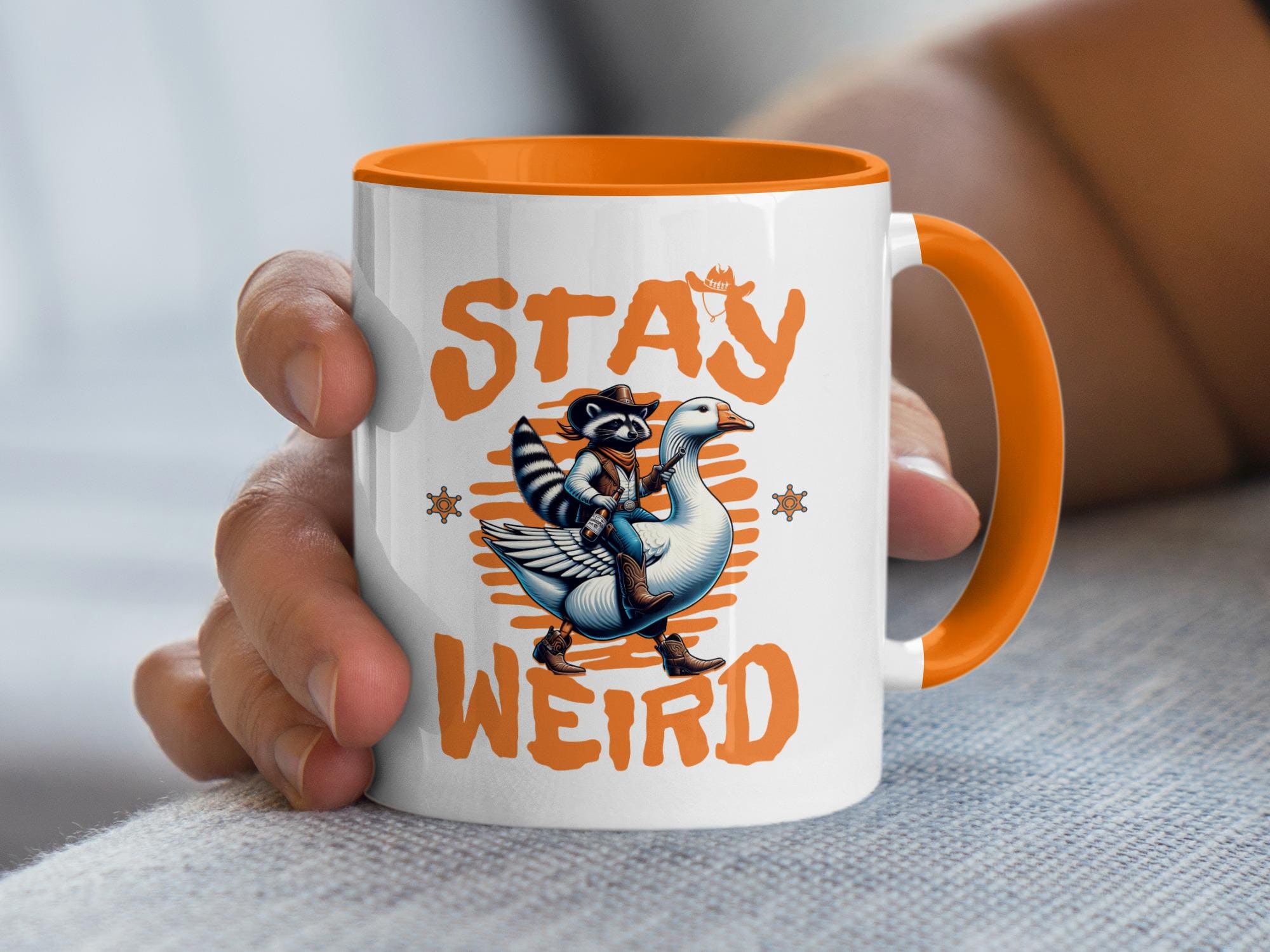 Stay Weird Raccoon Riding Goose Mug, Funny Coffee Mug, Unique Gift Idea, Quirky Mug, Animal Lover Mug, Fun Office Mug, Novelty Mug