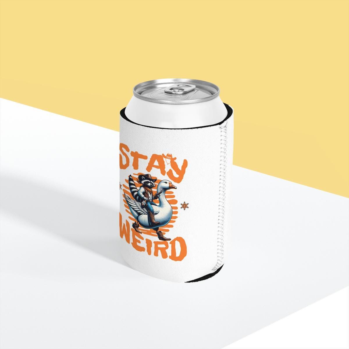 Stay Weird Can Cooler, Raccoon and Goose Design, Retro Drink Sleeve, Funny Beverage Insulator, Unique Gift for Friends