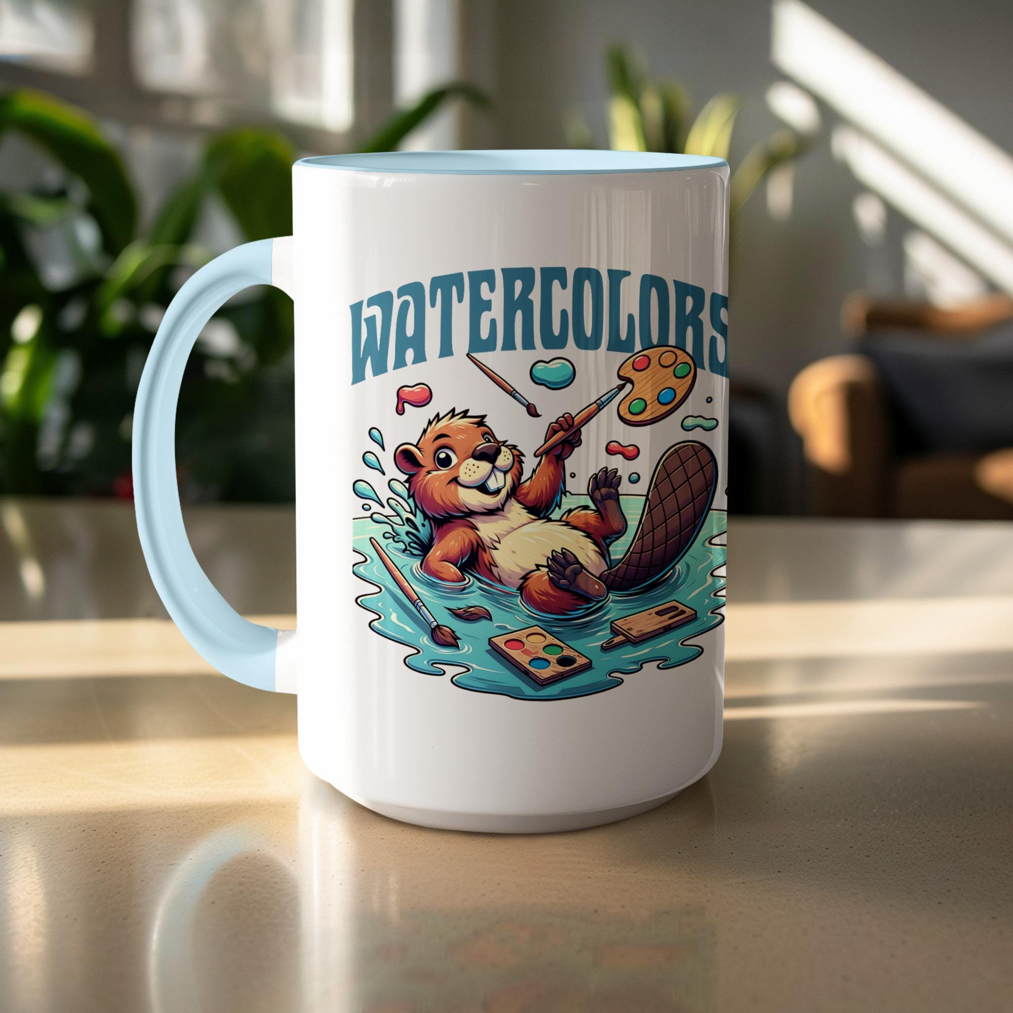 Cute Beaver Watercolors Art Coffee Mug, Artistic Animal Lover Mug, Fun Cartoon Beaver Gift, Unique Coffee Cup for Artists