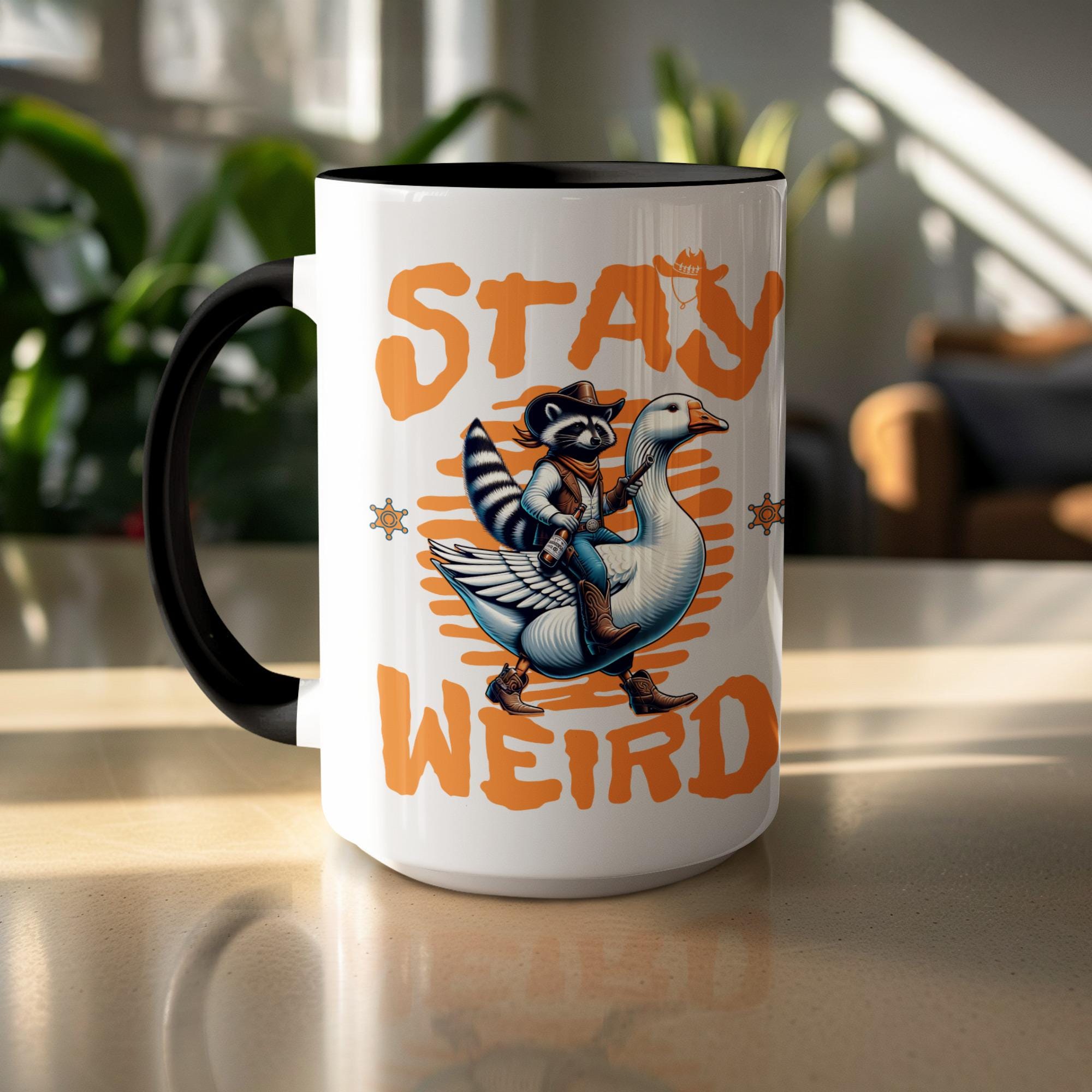 Funny Stay Weird Mug, Raccoon Riding Goose Coffee Cup, Quirky Animal Lover Gift, Unique Humorous Office Mug, Cool Nature Lover Mug