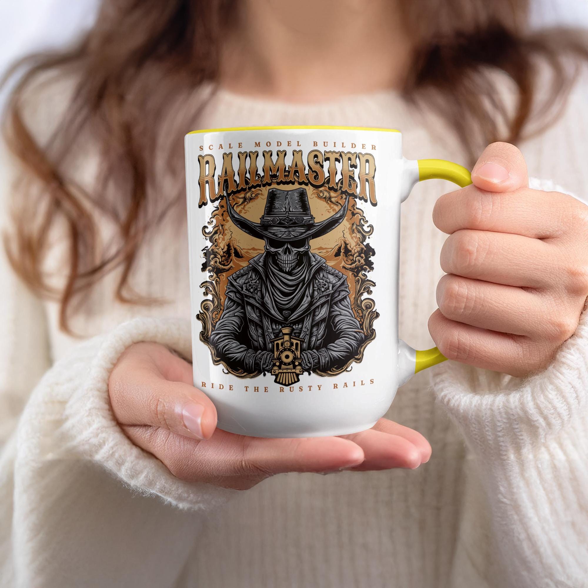 Railmaster Mug, Cowboy Skull Mug, Scale Model Builder Mug, Train Lover Gift, Unique Mug Design, Ride The Rusty Rails, Skeleton Cowboy