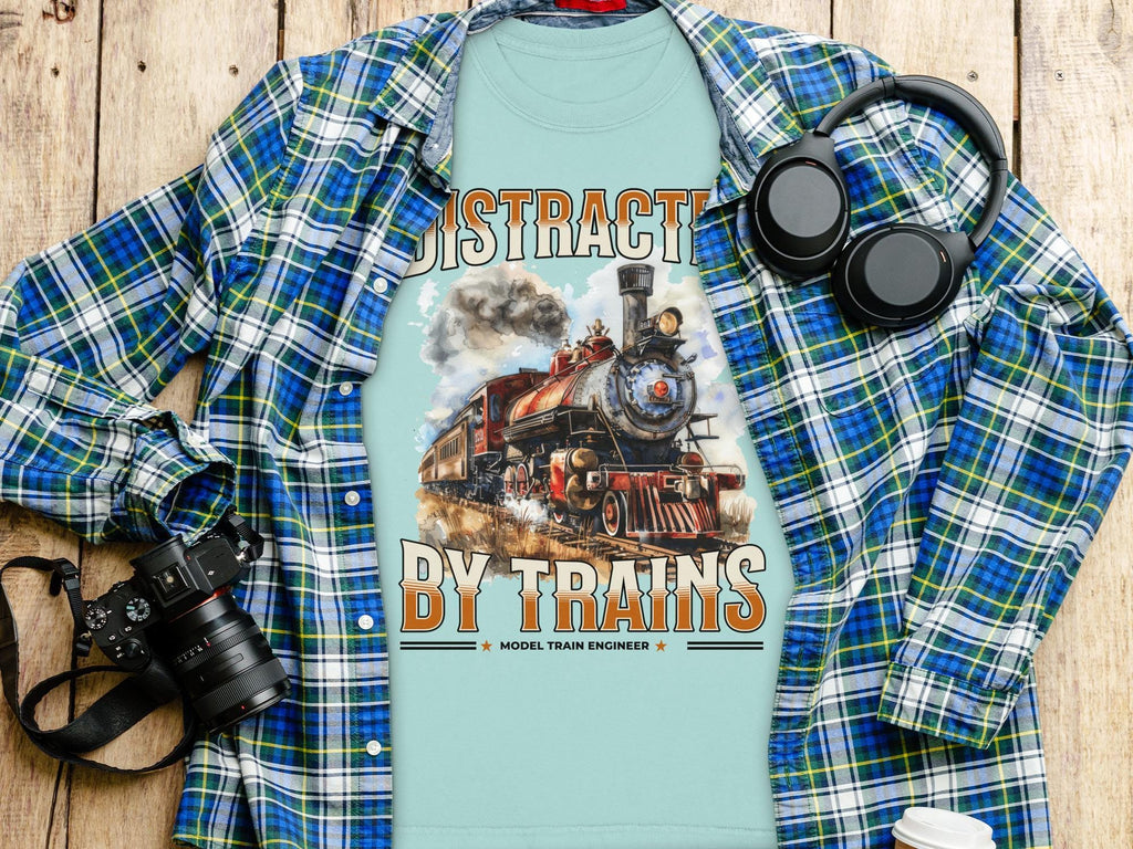 Distracted By Trains T Shirt, Model Train Engineer Tee, Train Lover Gift, Locomotive Shirt, Vintage Steam Train Tee, Railroad Fan T Shirt