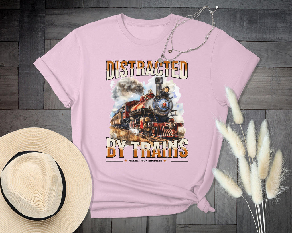 Distracted By Trains T Shirt, Model Train Engineer Tee, Train Lover Gift, Locomotive Shirt, Vintage Steam Train Tee, Railroad Fan T Shirt