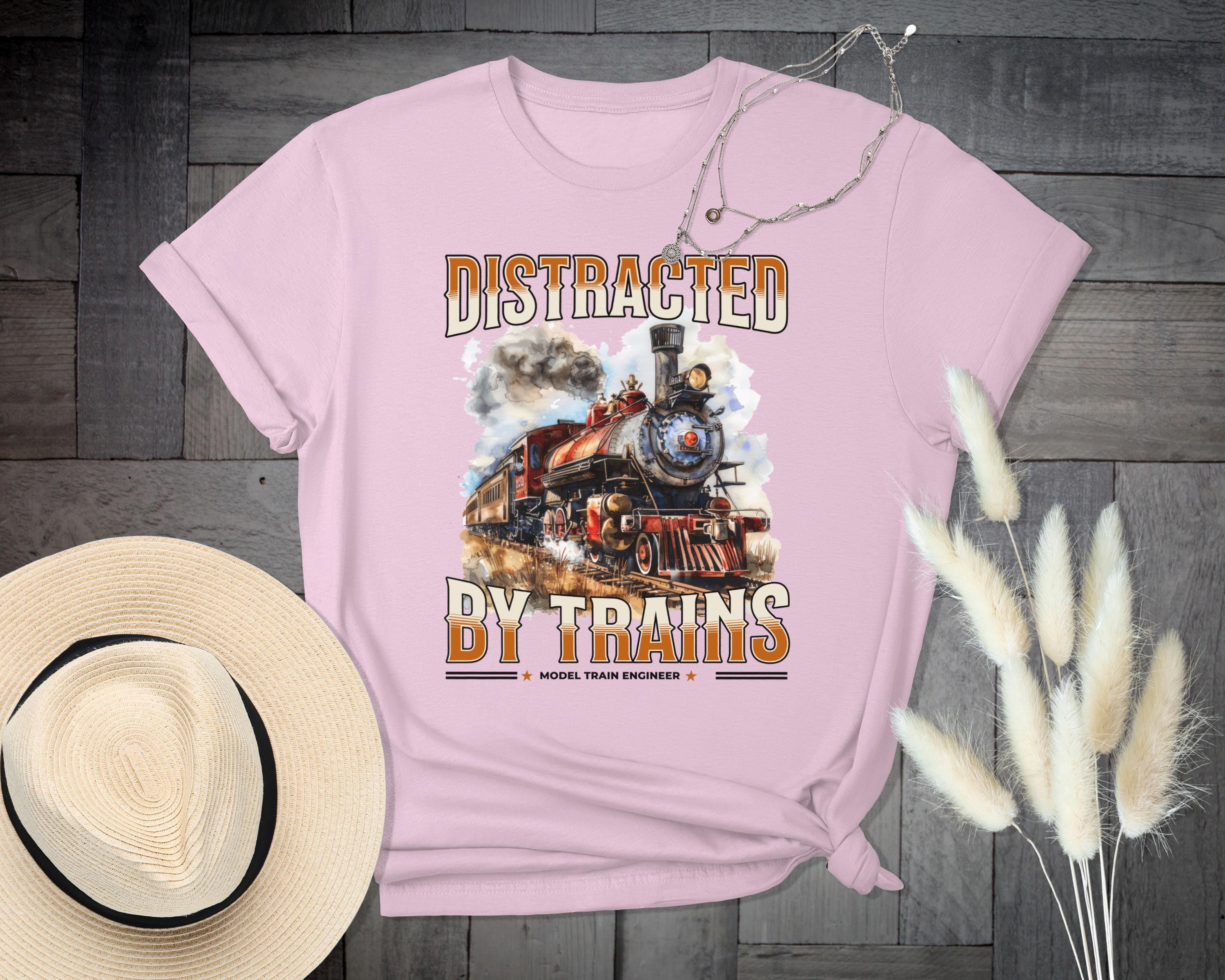 Distracted By Trains T Shirt, Model Train Engineer Tee, Train Lover Gift, Locomotive Shirt, Vintage Steam Train Tee, Railroad Fan T Shirt