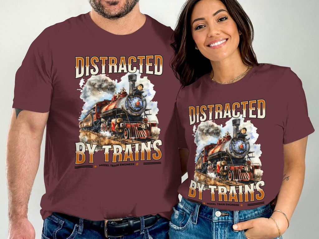 Distracted By Trains T Shirt, Model Train Engineer Tee, Train Lover Gift, Locomotive Shirt, Vintage Steam Train Tee, Railroad Fan T Shirt