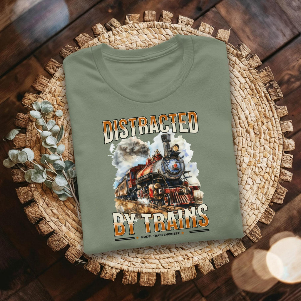 Distracted By Trains T Shirt, Model Train Engineer Tee, Train Lover Gift, Locomotive Shirt, Vintage Steam Train Tee, Railroad Fan T Shirt