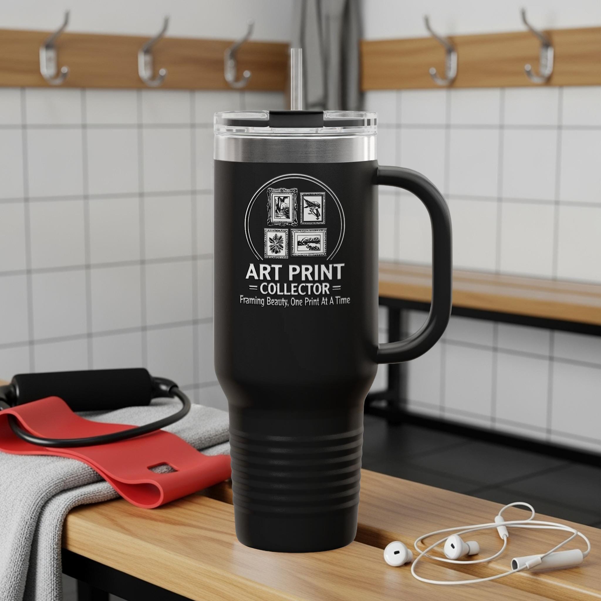 Insulated travel tumbler with handle, 20oz large travel mug, reusable coffee cup with lid, gifts for art lovers, black matte tumbler