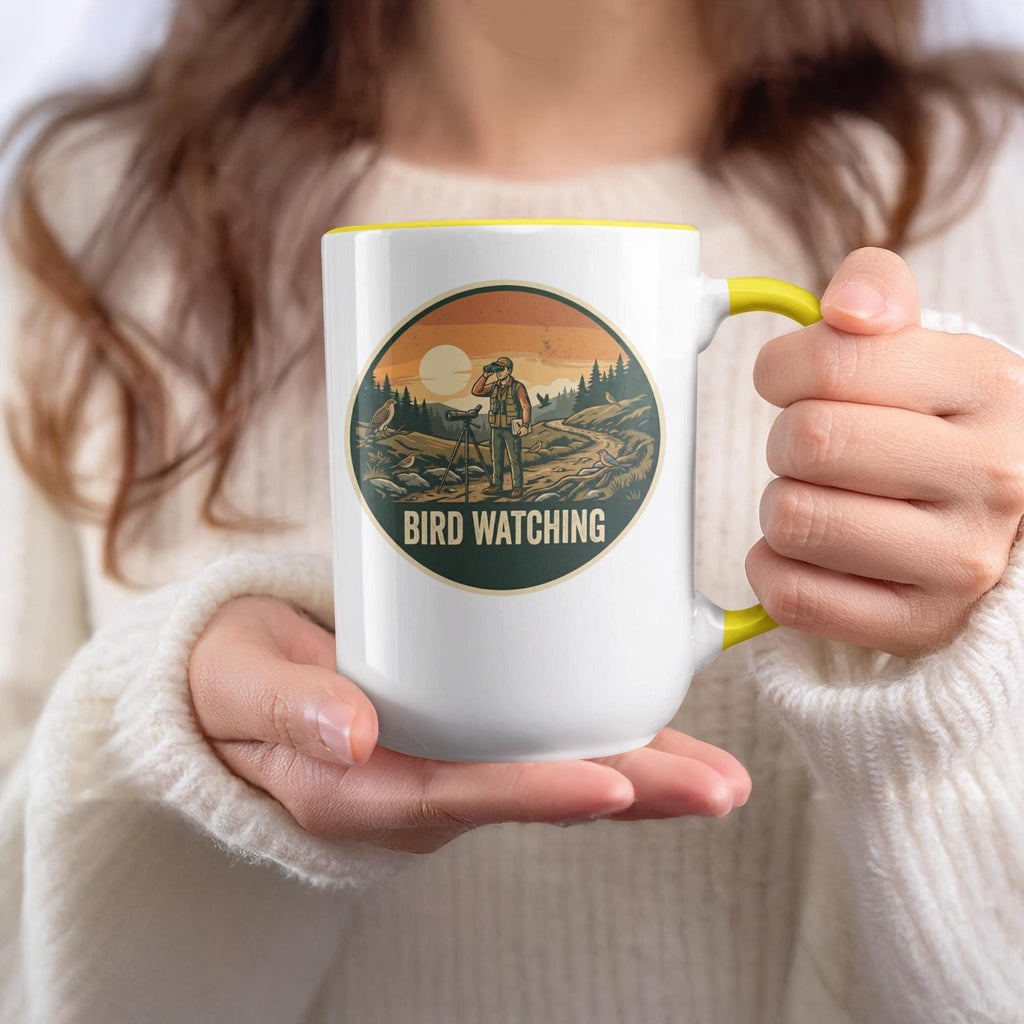 Bird Watching Coffee Mug, Nature Lover Gift, Birdwatcher Mug, Bird Enthusiast Cup, Wildlife Observer Present, Sunrise Mountains Scene