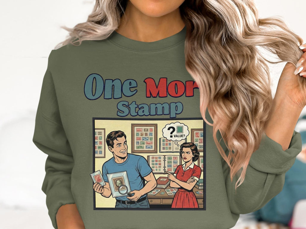 Vintage Comic Style Graphic Sweatshirt, One More Stamp Design, Retro Humor Sweatshirt, Funky Artwork, Unique Graphic Crewneck