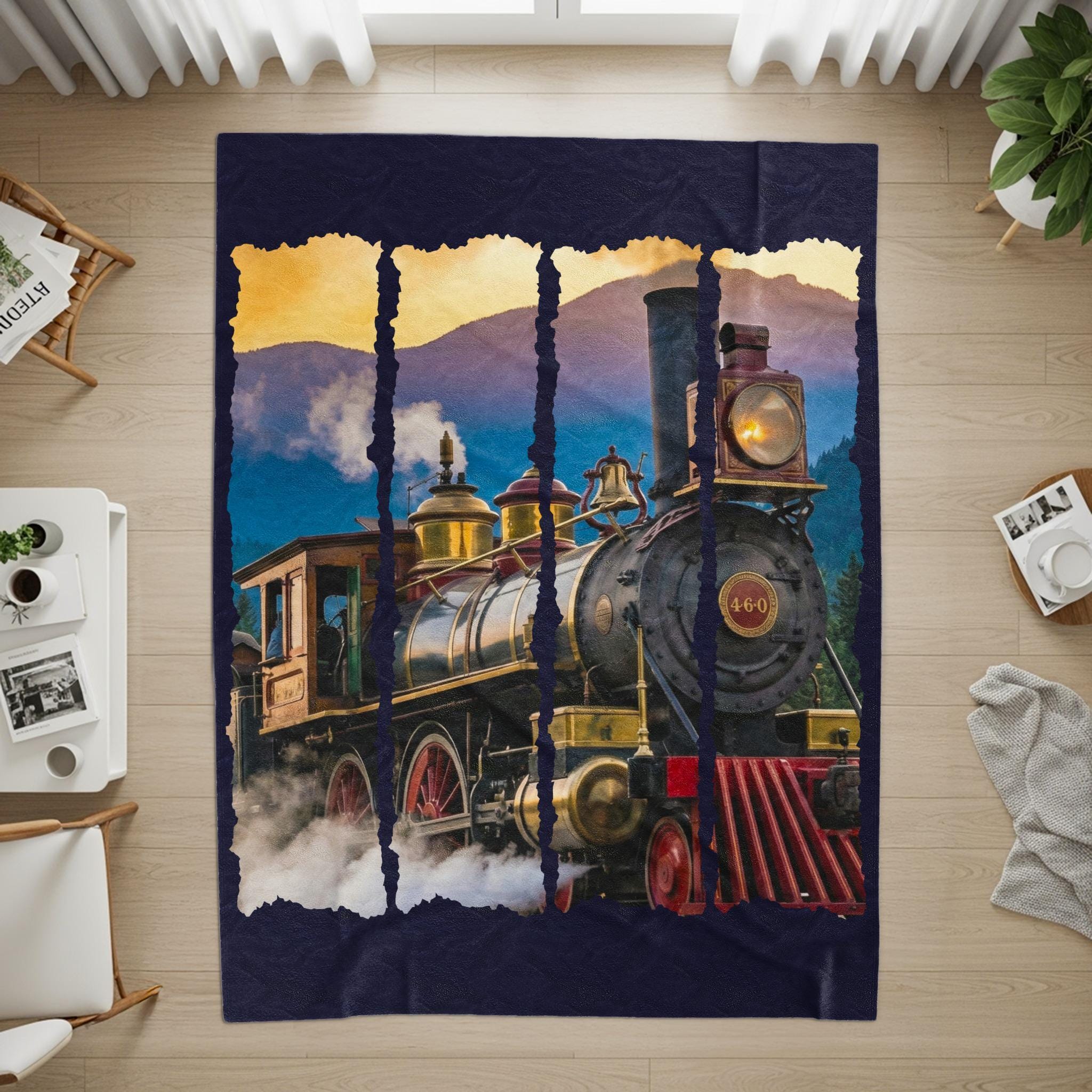 Vintage Steam Train Rug, Unique Locomotive Print, Classic Train Decor, Railway Themed Area Rug, Retro Train Room Accent