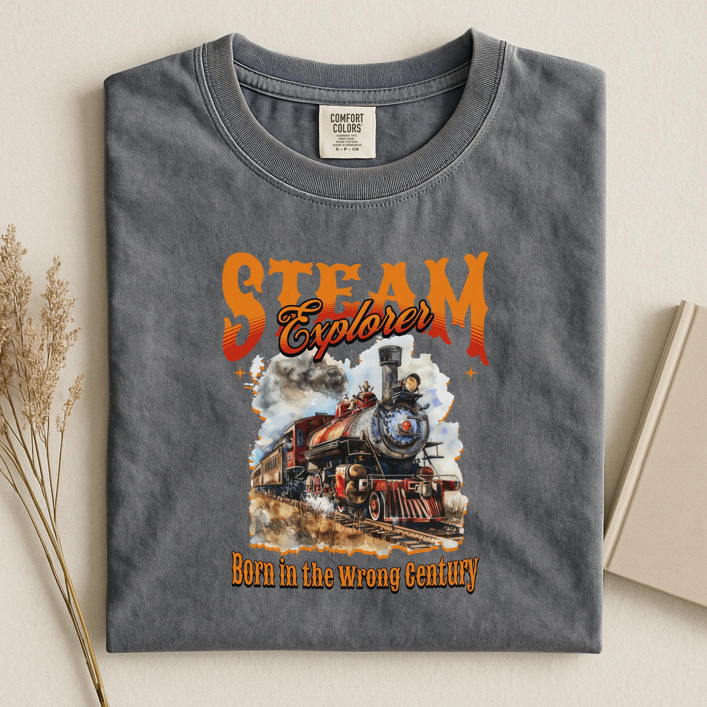 Vintage Steam Train Shirt, Born in the Wrong Century Tee, Steam Explorer Graphic T-Shirt, Retro Train Lovers Gift, Railroad Enthusiast