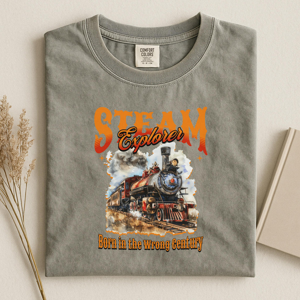 Steam Explorer Graphic Tee, Vintage Train T-Shirt, Born in the Wrong Century Shirt, Railway Enthusiast Gift, Train Lover Apparel