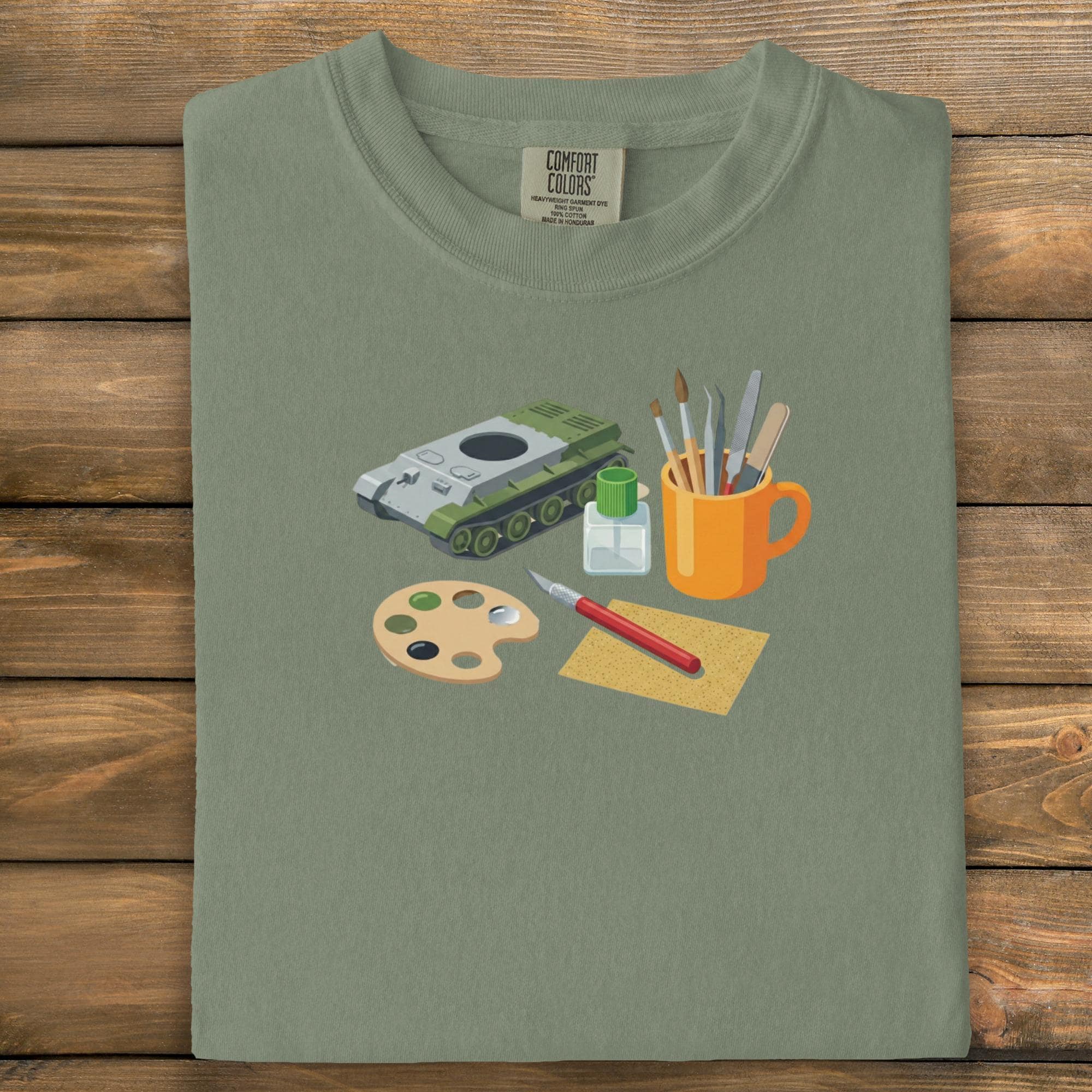 Model Building Tools Shirt, Green Shirt with Art Tools and Tank Illustration, Hobby Enthusiast Gift, Crafting Supplies Shirt