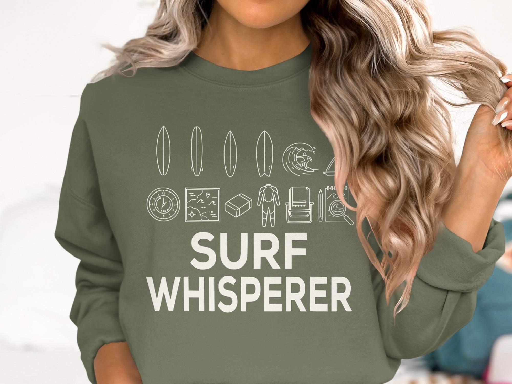 Surf Whisperer Sweatshirt, Surfing Graphic Pullover, Ocean Lover Gift, Beach Life Apparel, Surfboard Icons Cozy Top