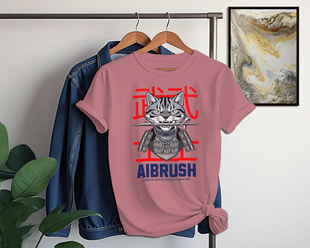 Samurai Cat Graphic Tee, Cute Anime Cat Shirt, Airbrush Cat T-Shirt, Casual Graphic Tee for Cat Lovers, Unique Cat Art Tee, Gift Idea