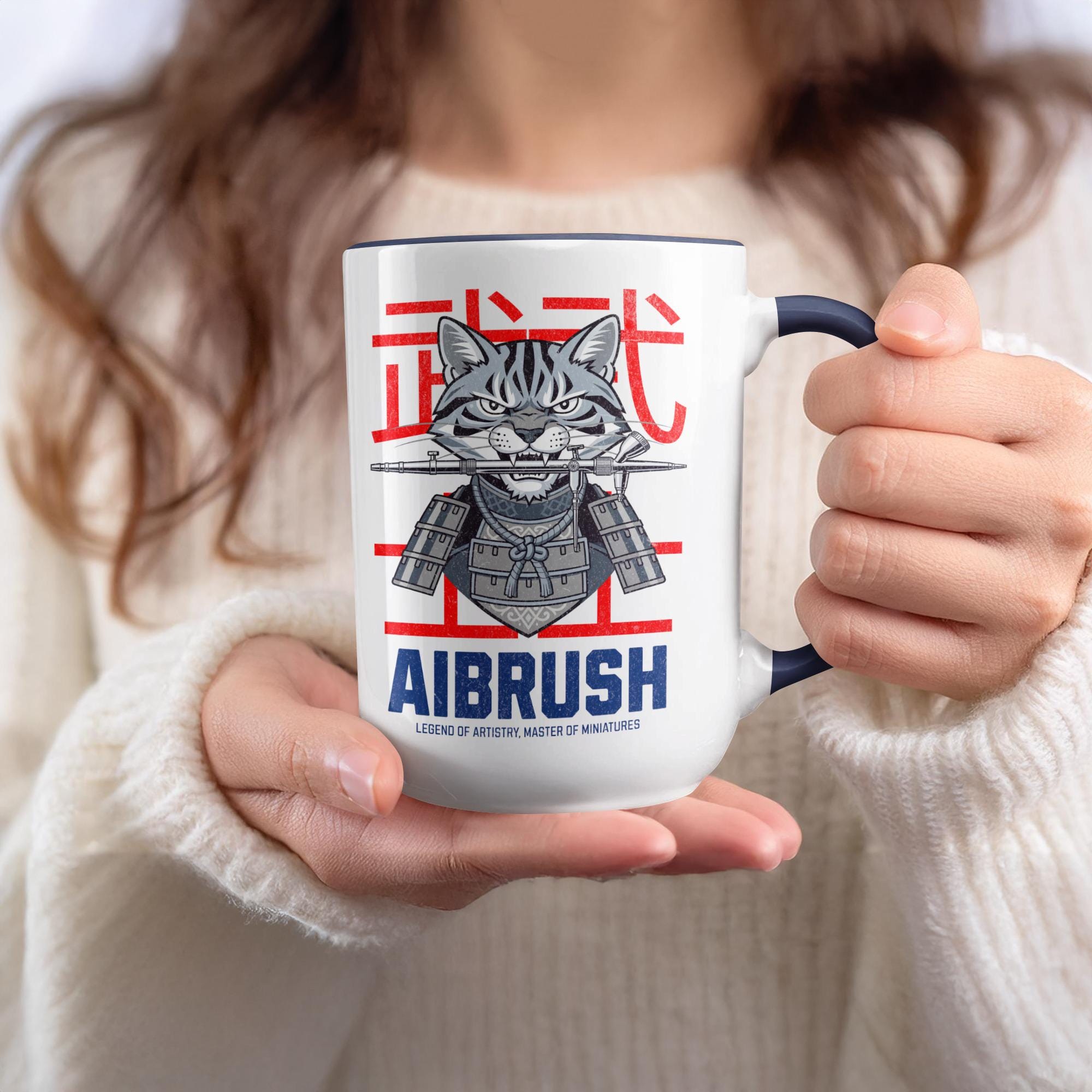 Funny Cat Samurai Mug, Airbrush Artist Gift, Unique Coffee Cup, Cool Art Design, Cat Lover Present, Creative Mug for Art Enthusiasts