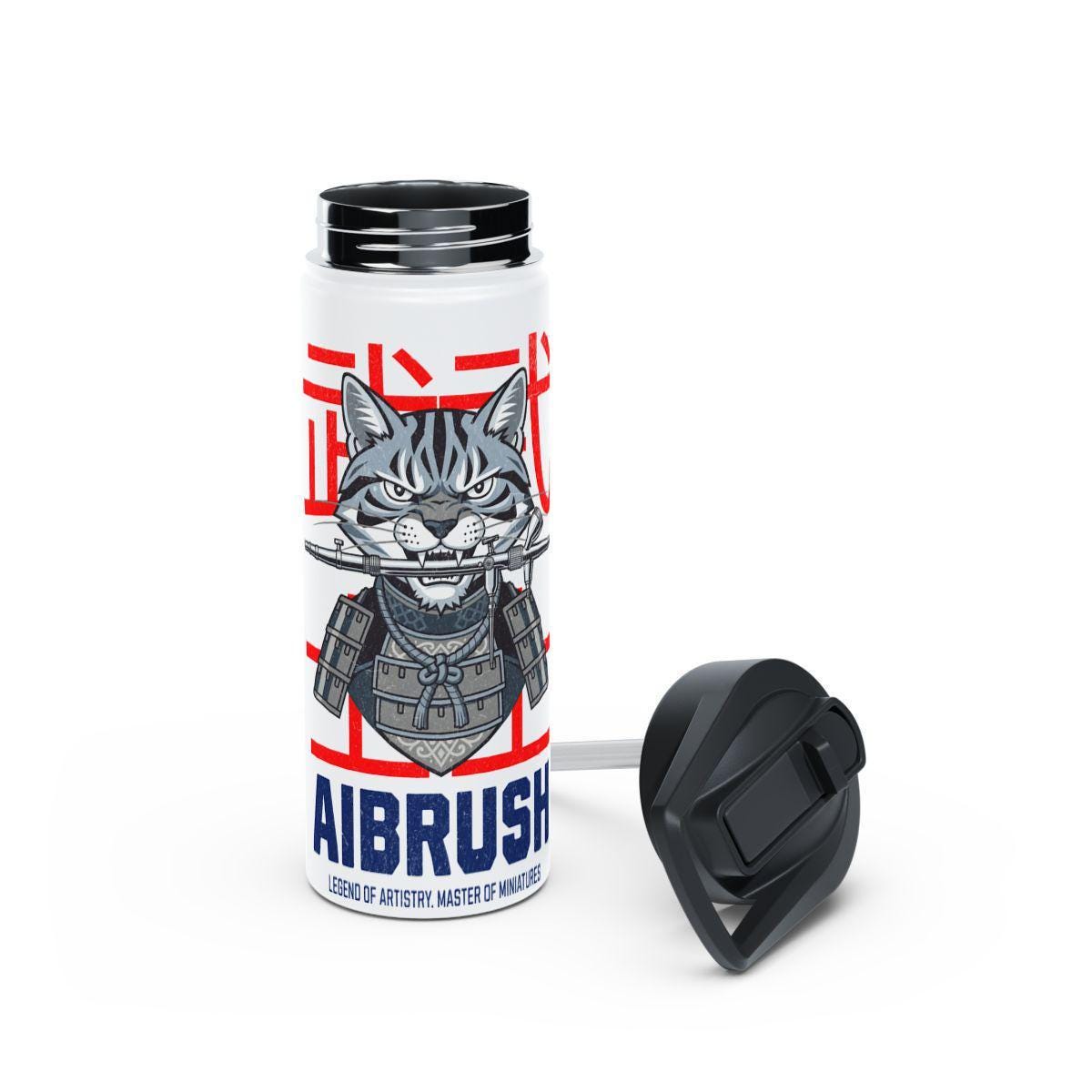 Samurai Cat Travel Mug, Airbrush Legend Theme, Insulated Tumbler with Lid, Cute Cat Artwork, Japanese Style Mug, Unique Gift Idea