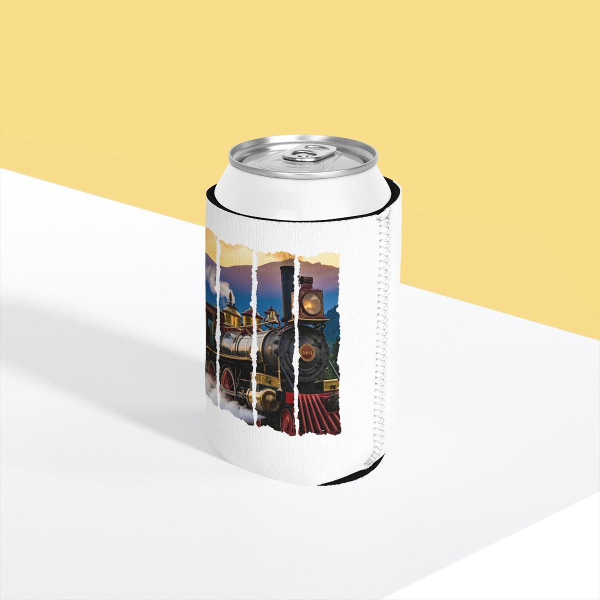 Train Can Cooler, Vintage Locomotive Drink Holder, Steam Engine Beverage Insulator, Train Lover Gift, Railroad Enthusiast Accessory