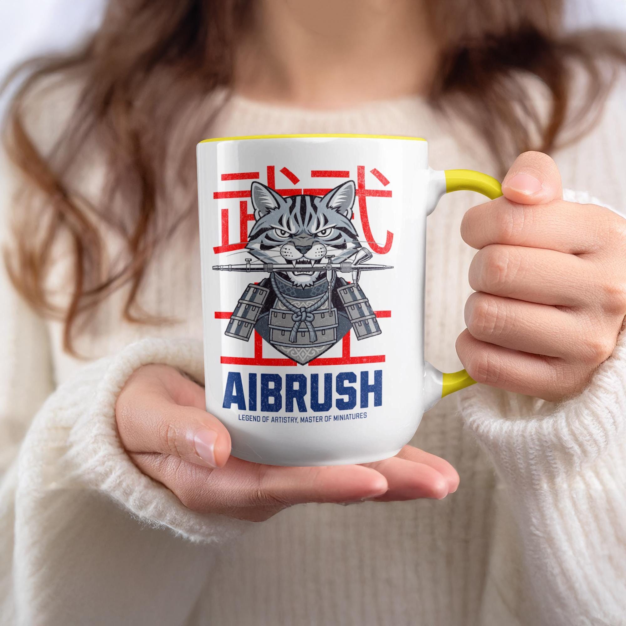 Cat Samurai Airbrush Artist Mug, Unique Coffee Cup, Funny Art Lover Gift, Japanese Style Novelty Mug, Creative Tea Cup