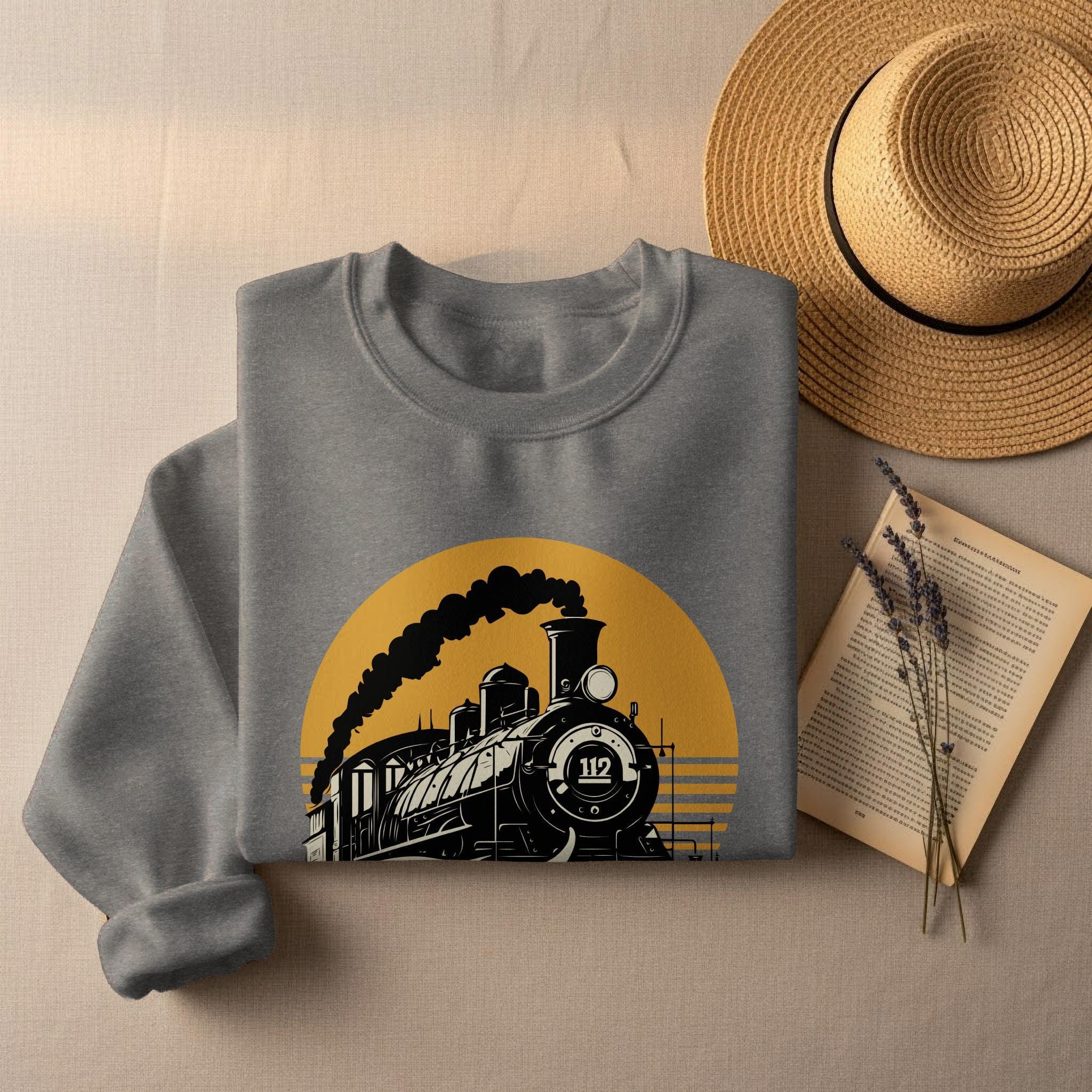 Vintage Train Graphic Sweatshirt, Locomotive Crewneck Pullover, Retro Train Lover Gift, Steam Engine Print Sweatshirt, Train Enthusiast Top