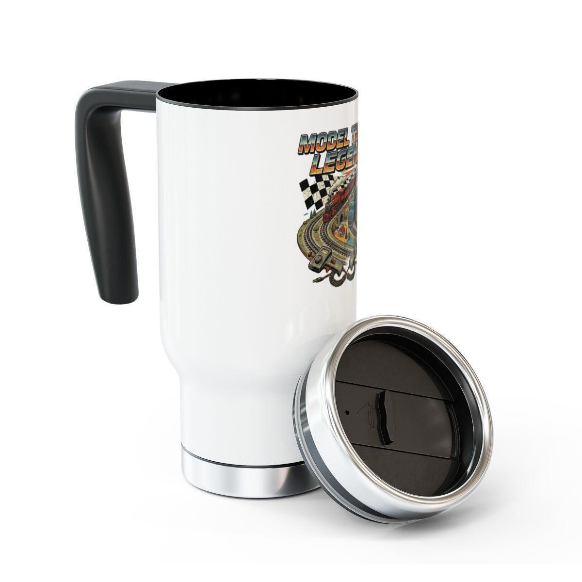 Model Trains Legends Travel Mug, Race Track Coffee Thermos, Unique Locomotive Art, Insulated Commuter Cup for Train Lovers