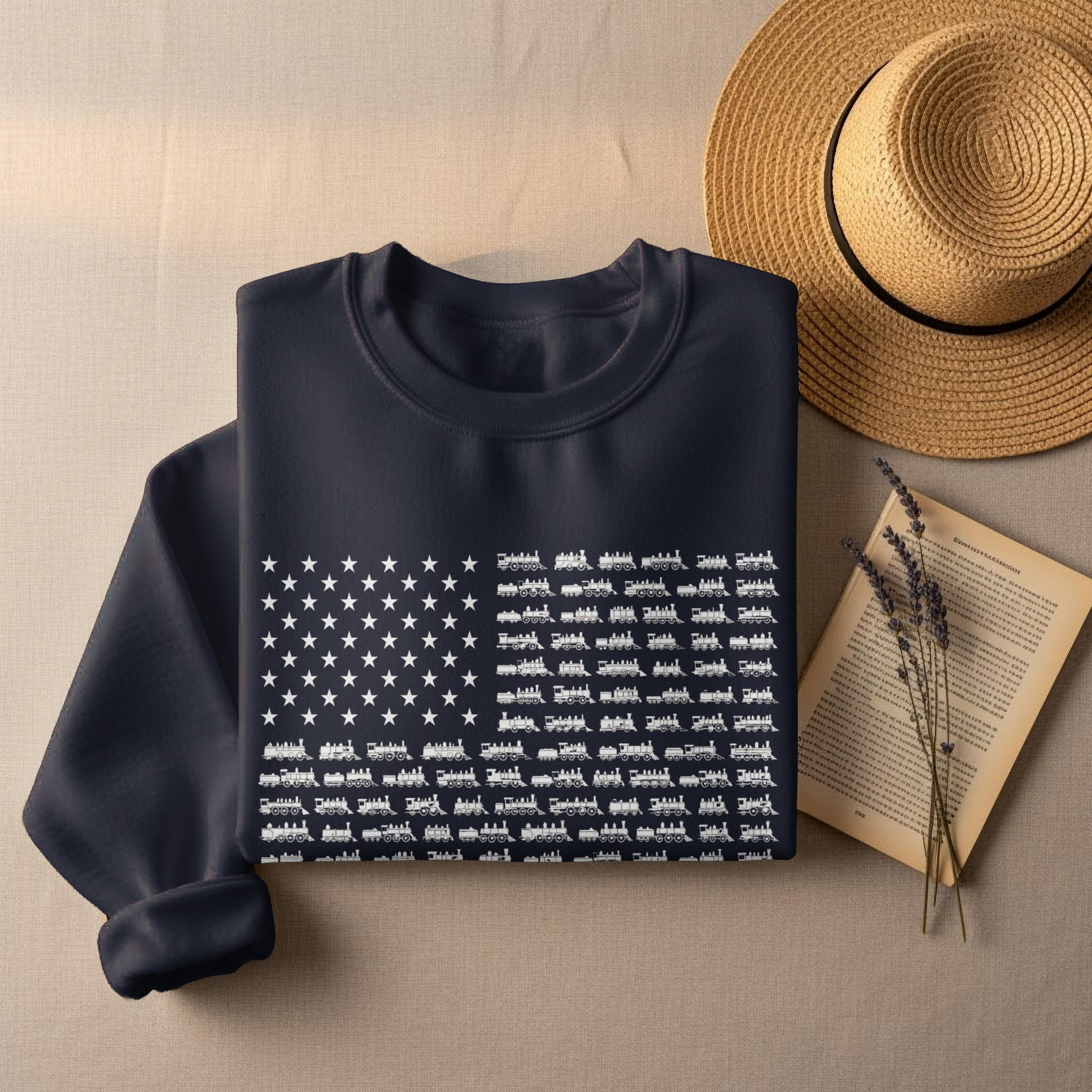 American Flag Locomotive Design Sweater, Train Enthusiast Gift, Patriotic Train Shirt, USA Railfan Apparel, Vintage Train Sweatshirt
