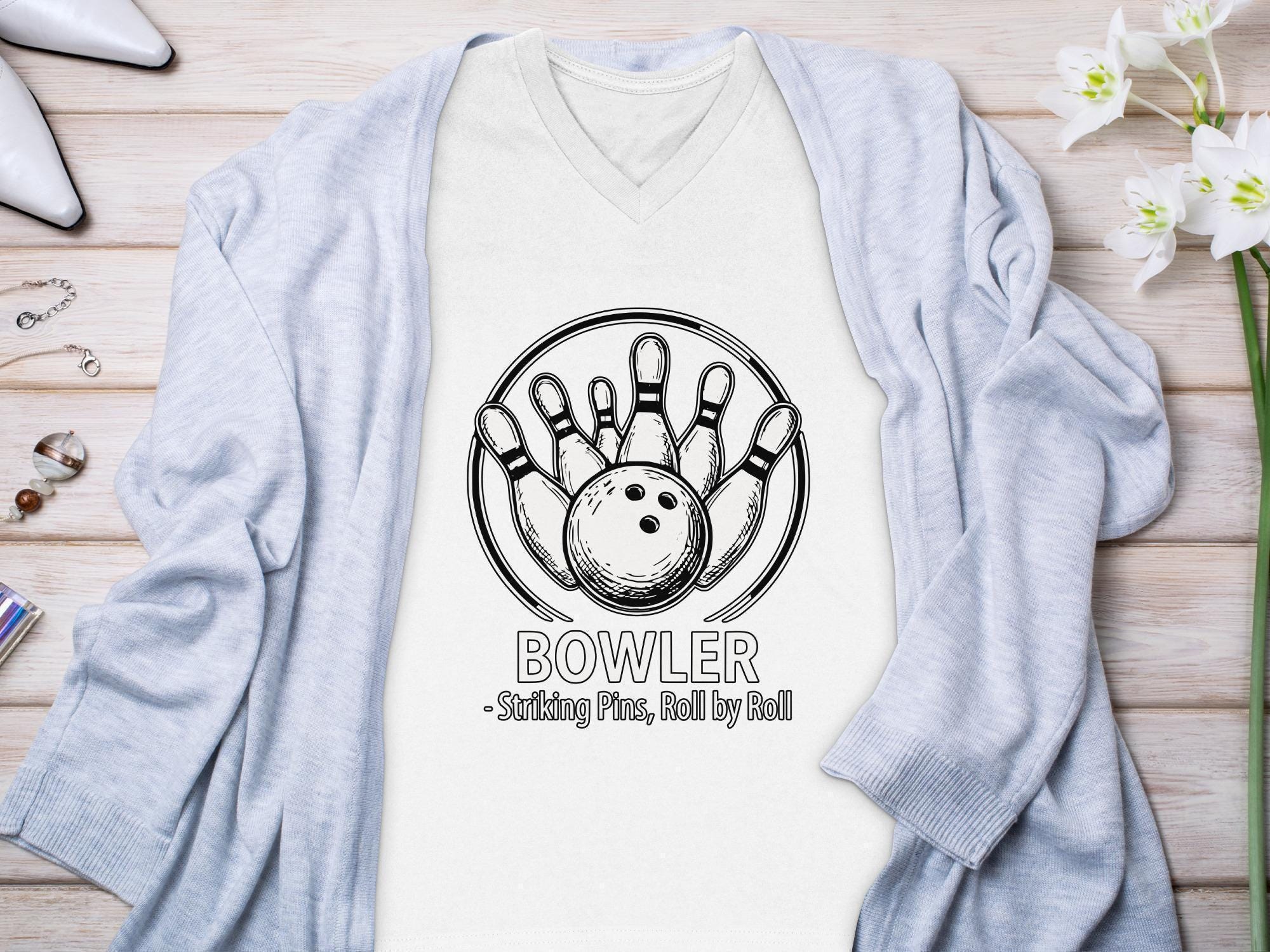Bowler T-Shirt, Striking Pins Tee, Bowling Gift, Roll by Roll Shirt, Sporty T Shirt, Active Wear Tee, Graphic Print T-Shirt