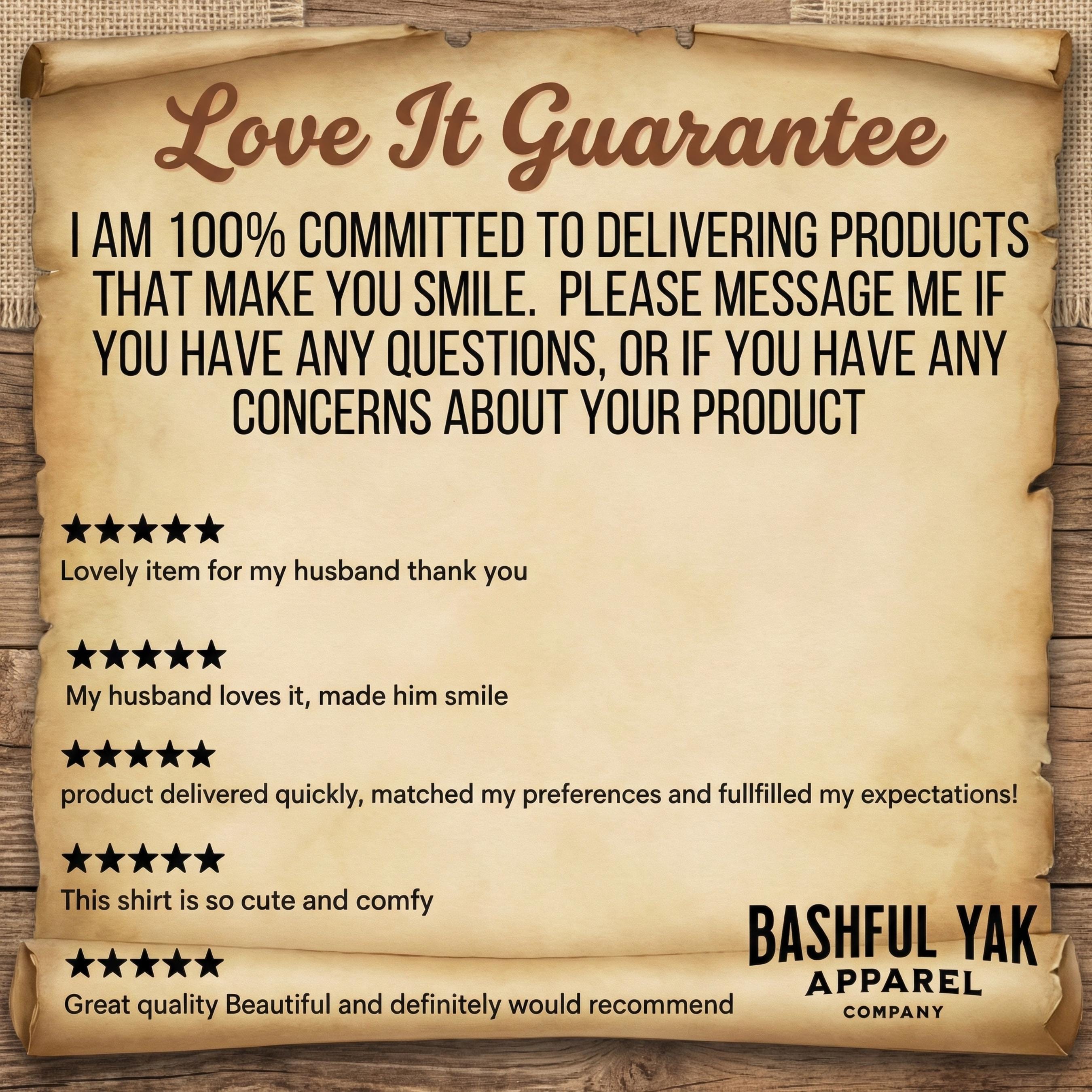 The image is a promotional poster for a company called Bashful Yak Apparel. It features a scroll-like design with text and star ratings, and it appears to be a product review or testimonial from a customer.