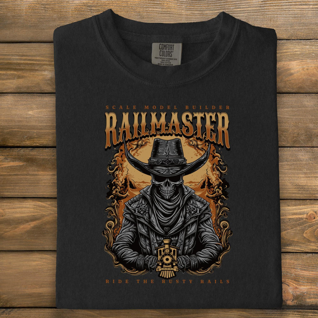 Railmaster T-Shirt, Skull Cowboy Train, Ride the Rusty Rails Tee, Scale Model Builder Shirt, Unique Train Lover Gift, Western Undead T-Shirt