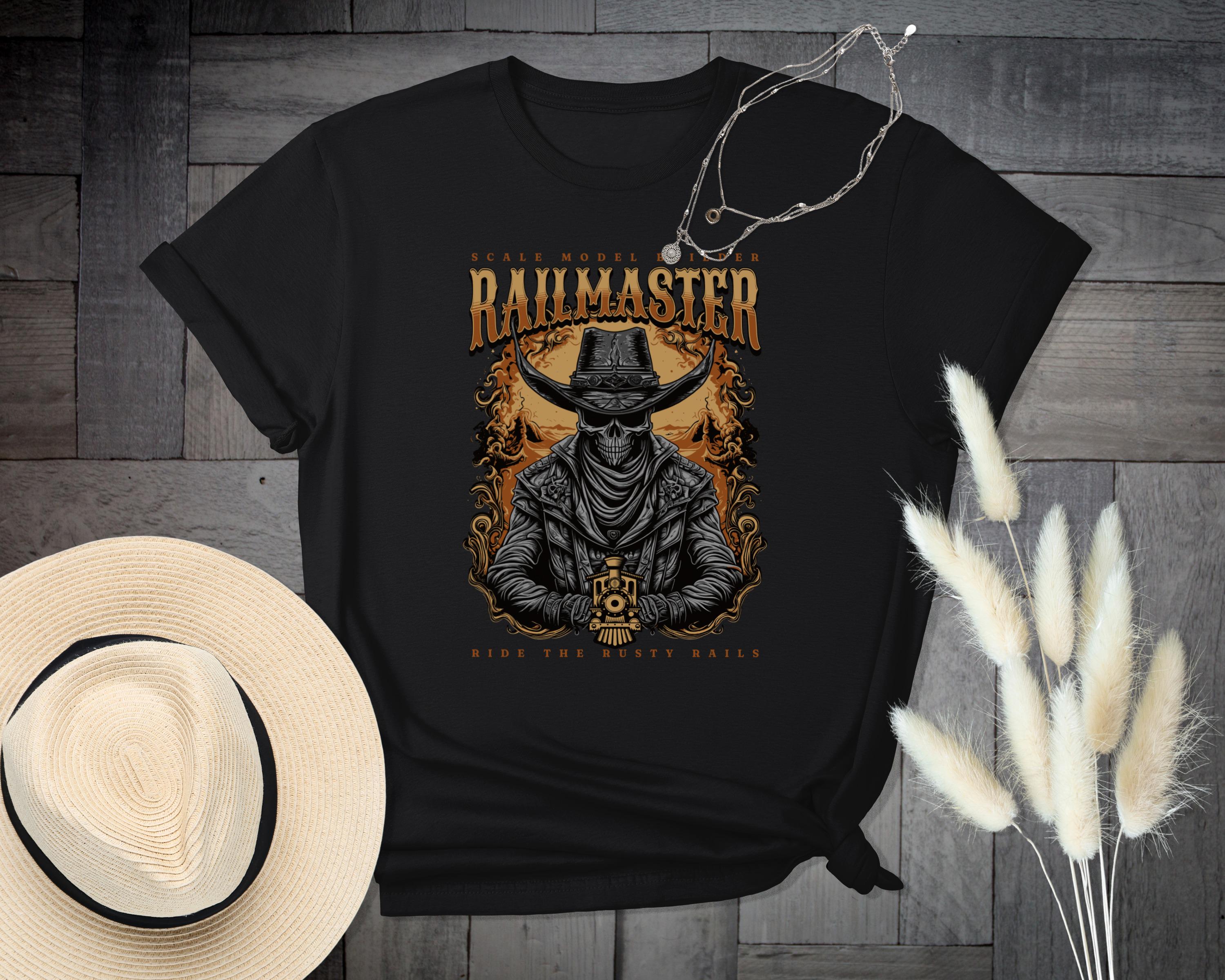 Railmaster T-Shirt, Skull Cowboy Train, Ride the Rusty Rails Tee, Scale Model Builder Shirt, Unique Train Lover Gift, Western Undead T-Shirt