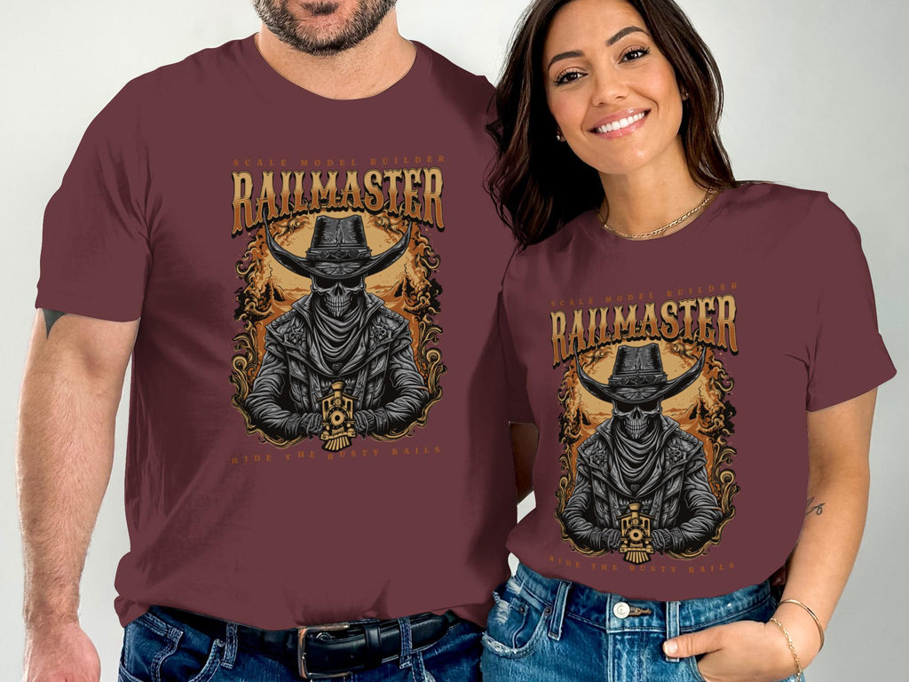 Railmaster T-Shirt, Skull Cowboy Train, Ride the Rusty Rails Tee, Scale Model Builder Shirt, Unique Train Lover Gift, Western Undead T-Shirt