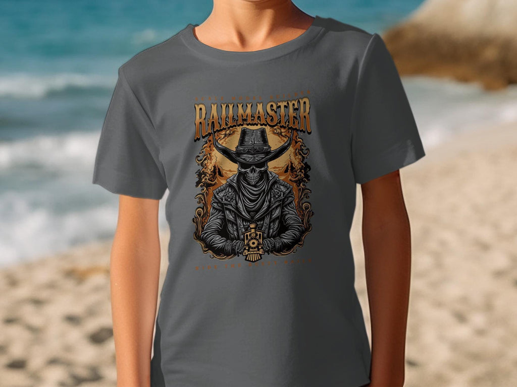 Railmaster T-Shirt, Skull Cowboy Train, Ride the Rusty Rails Tee, Scale Model Builder Shirt, Unique Train Lover Gift, Western Undead T-Shirt