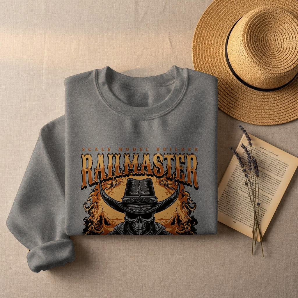 Railmaster T-Shirt, Skull Cowboy Train, Ride the Rusty Rails Tee, Scale Model Builder Shirt, Unique Train Lover Gift, Western Undead T-Shirt