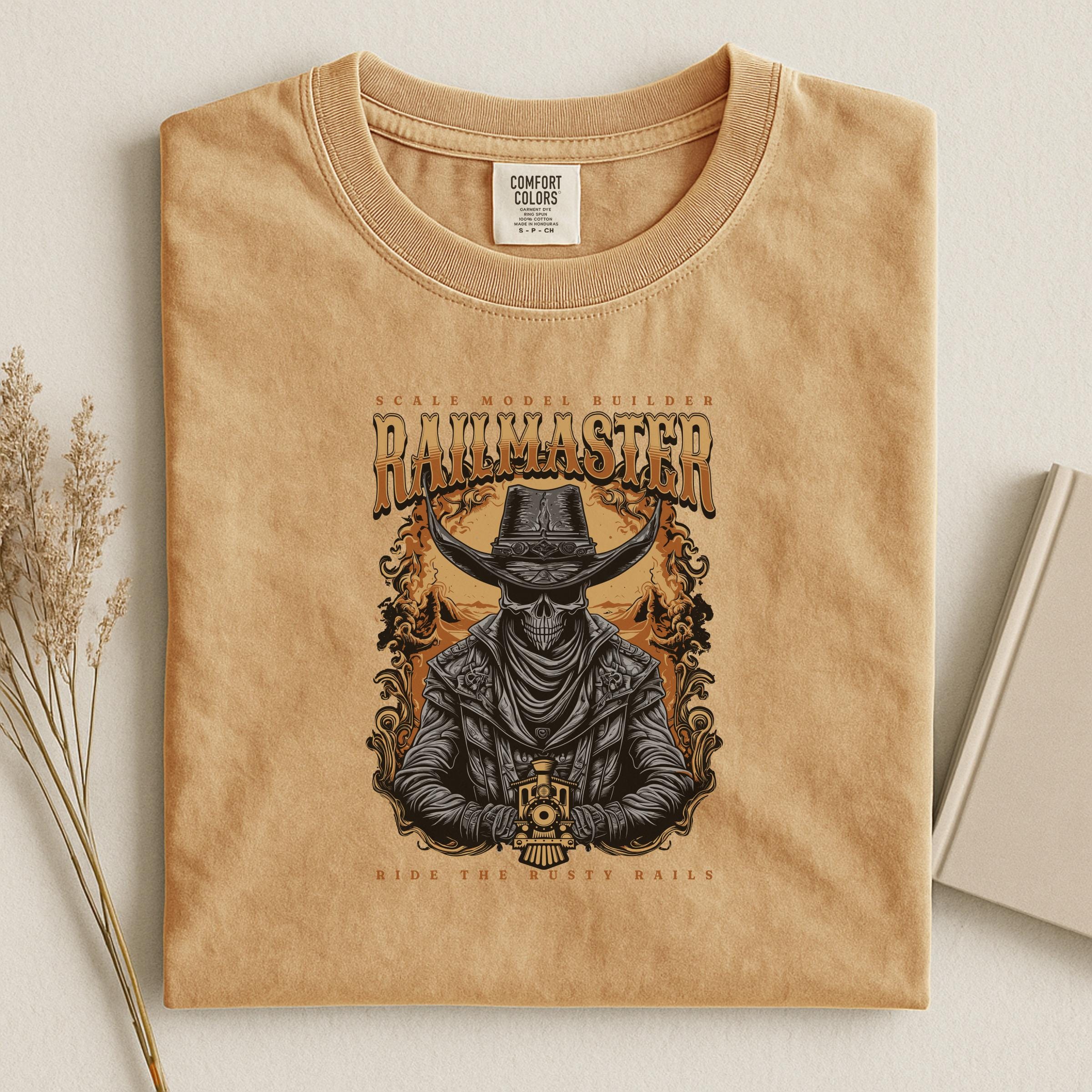 Railmaster T-Shirt, Skull Cowboy Train, Ride the Rusty Rails Tee, Scale Model Builder Shirt, Unique Train Lover Gift, Western Undead T-Shirt