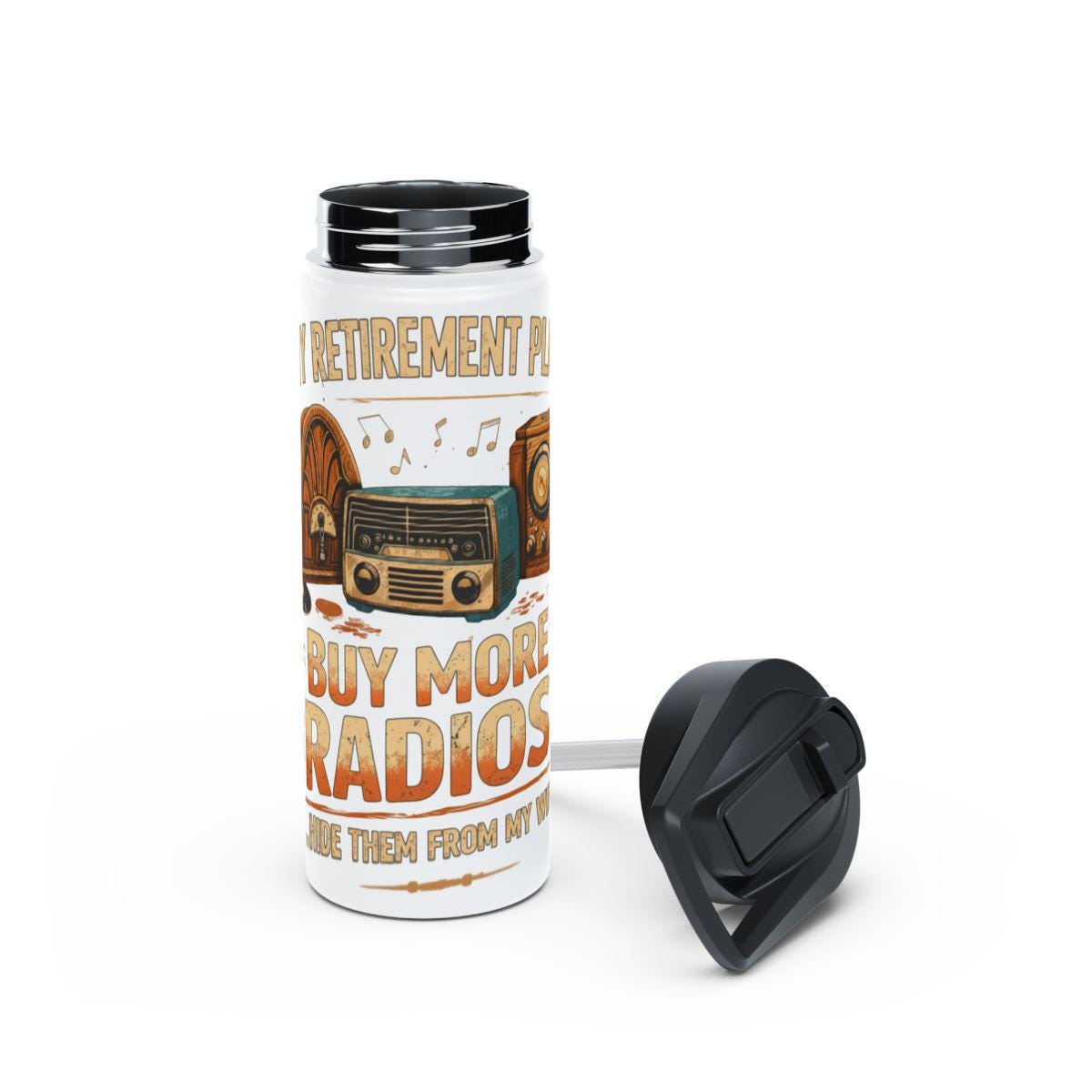Retirement Plan Travel Mug, Vintage Radios Design, Funny Coffee Tumbler, Retro Lover Gift, Unique Thermos Bottle for Music Enthusiasts