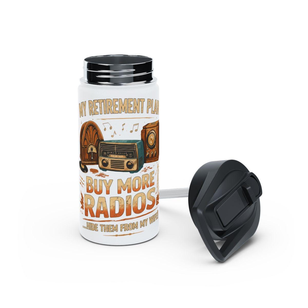 Funny Retirement Plan Travel Mug, Retro Radio Lover Gift, Humorous Retirement Keepsake, Vintage Radio Enthusiast Tumbler