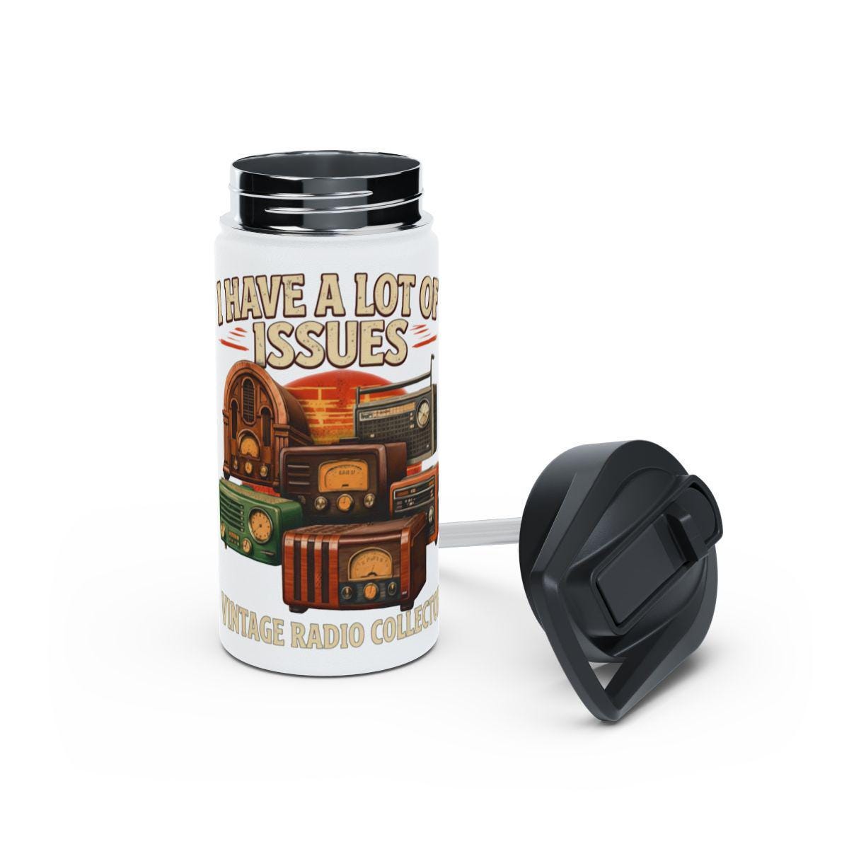 Vintage Radio Collector Travel Mug, I Have A Lot Of Issues Travel Tumbler, Retro Portable Radio Design Thermos Flask, Unique Gift Idea