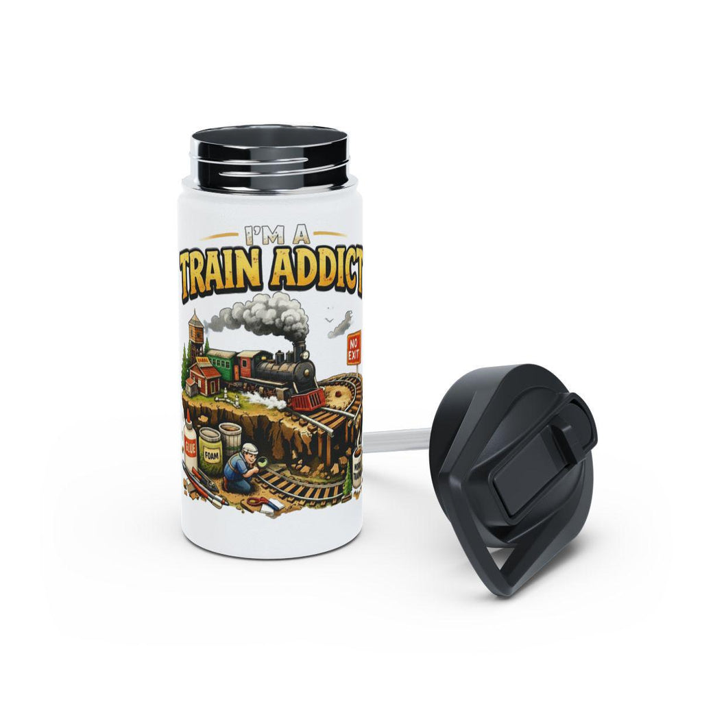 Train Addict Water Bottle, Funny Train Enthusiast Gift, Steam Engine Lover, Train Addict Collectible, Unique Railway Themed Flask