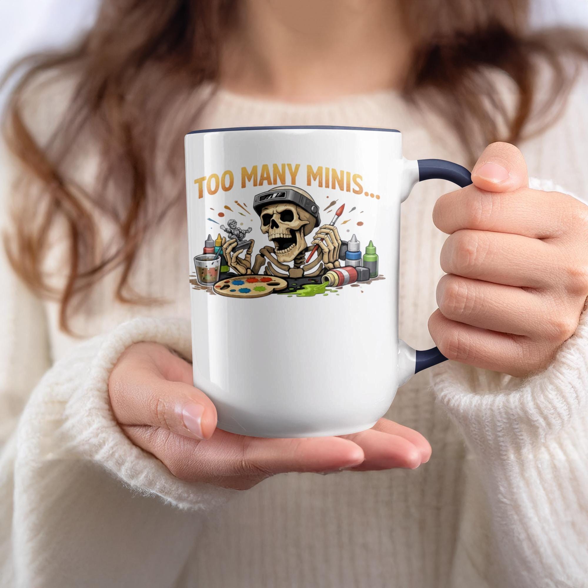 Funny Skull Art Mug, Too Many Minis Skeleton Design, Unique Coffee Cup for RPG Players, Gaming Gift for Painters, Geeky Novelty Mug