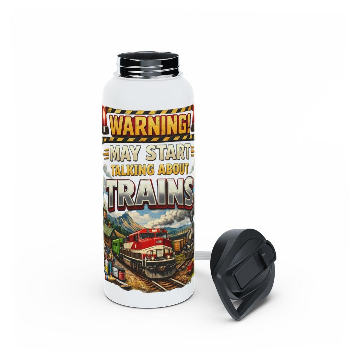 Warning May Start Talking About Trains Water Bottle, Train Enthusiast Gift, Train Lover Accessory, Travel Flask, Train Collectors Item