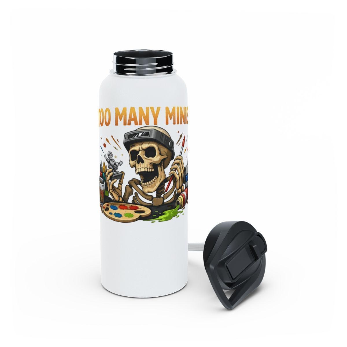 Too Many Minis Skeleton Travel Mug, Artist Skull Thermos, Funny Coffee Tumbler, Quirky Art Enthusiast Gift, Insulated Drinkware