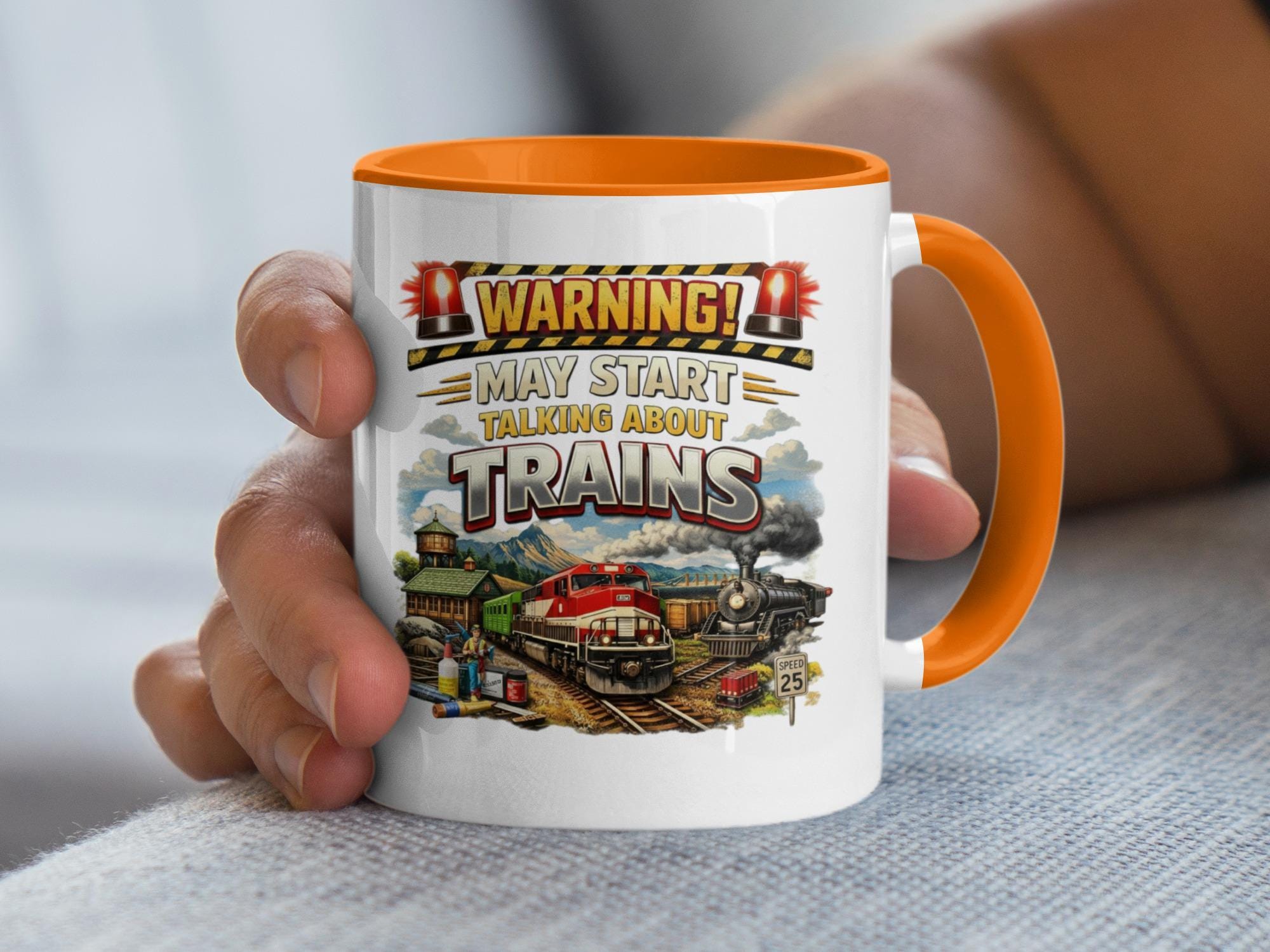 Warning May Start Talking About Trains Mug, Train Lover Gift, Fun Coffee Cup, Railway Enthusiast Present, Colorful Unique Mug