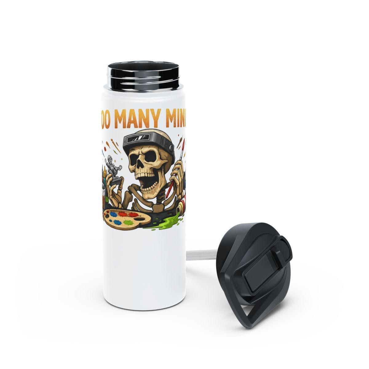 Skull Art Water Bottle, Skeleton Design Sports Bottle, Too Many Minds Print Tumbler, Unique Gift, Fun Gym Accessory, Cool Drinkware