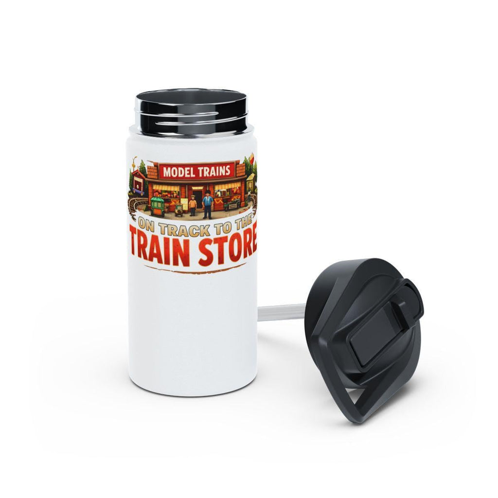 Model Train Store Travel Tumbler, On Track to Train Store Graphic, Train Enthusiasts Gift, Insulated Water Bottle with Lid